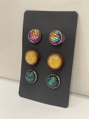 Set of 3 Mermaid Druzy Style Handmade Stud Earrings - E1